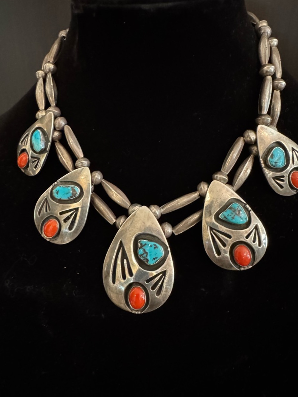 Sterling Silver Turquoise and Coral Teardrop Statement Necklace -vintage Navajo